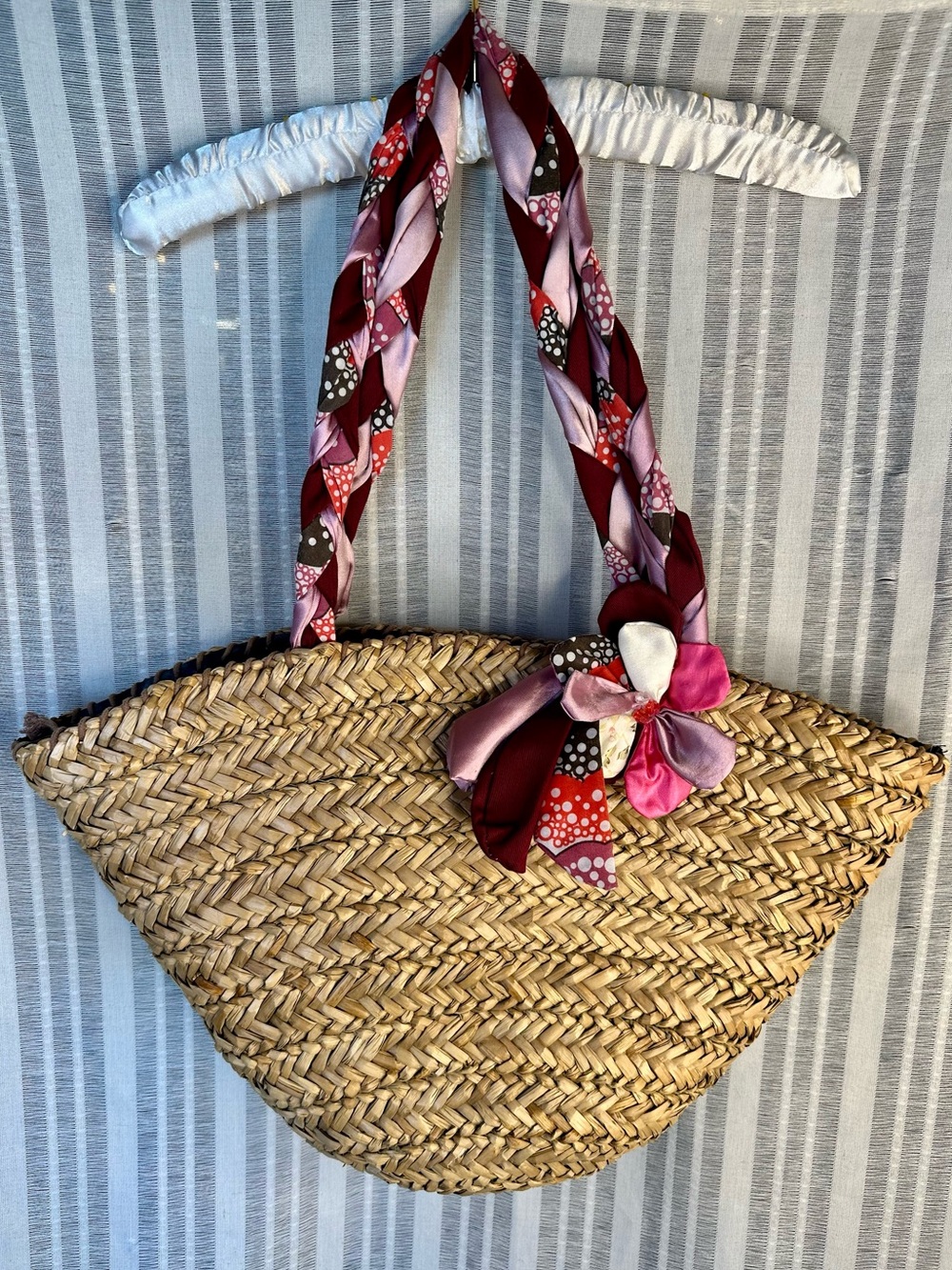 Preston & York Woven Straw Tote Made in Italy Floral Scarf Handle Bag